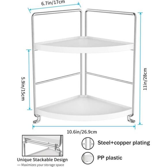 2-Tier Corner Bathroom Counter Organizer, Tool-Less Installation Vanity Shelf - Picture 2 of 7